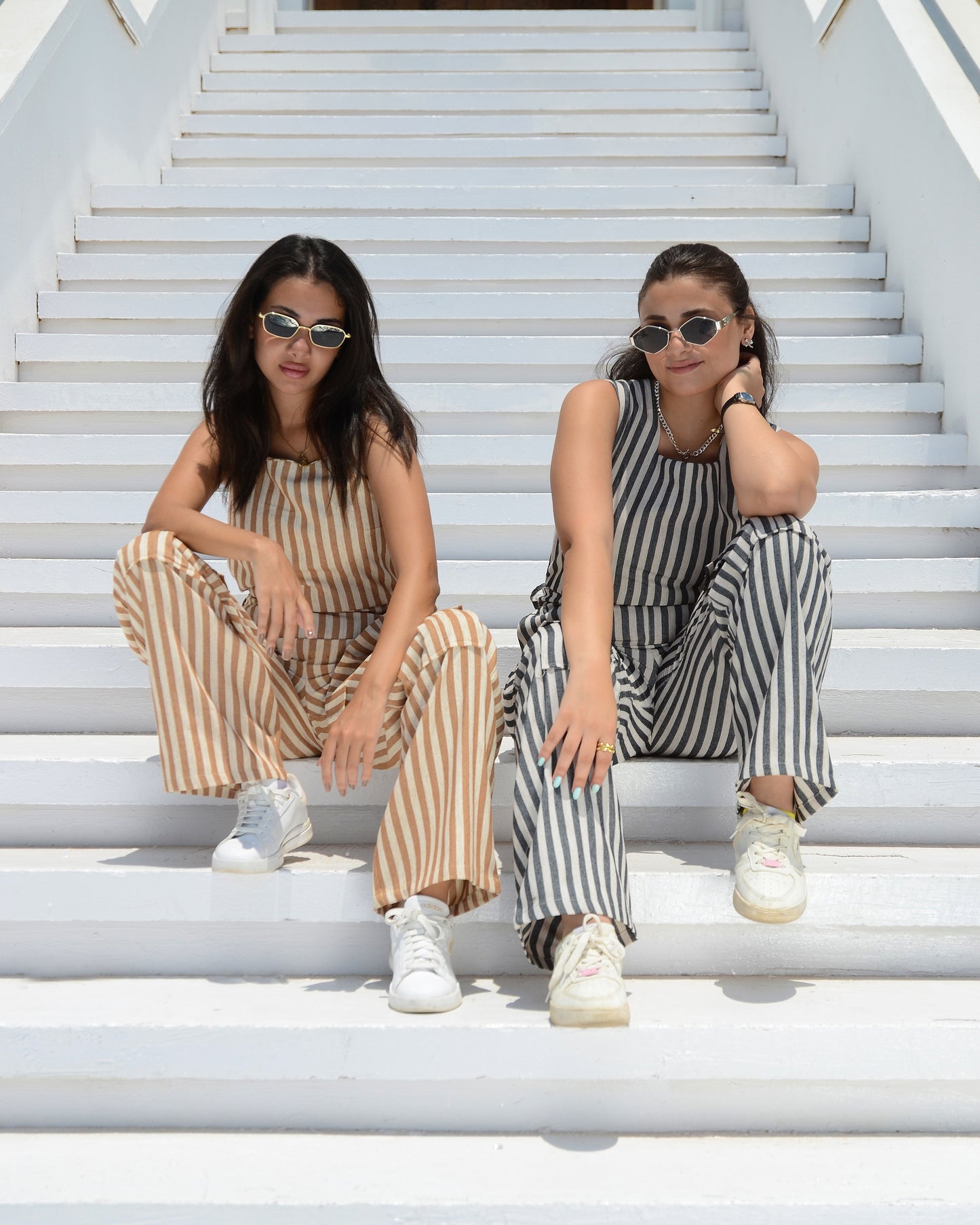 Beige & White Striped Linen Jumpsuit