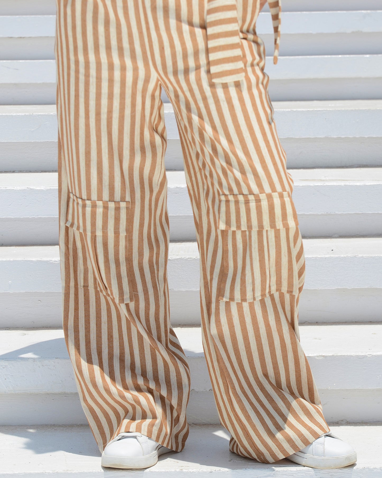 Beige & White Striped Linen Jumpsuit
