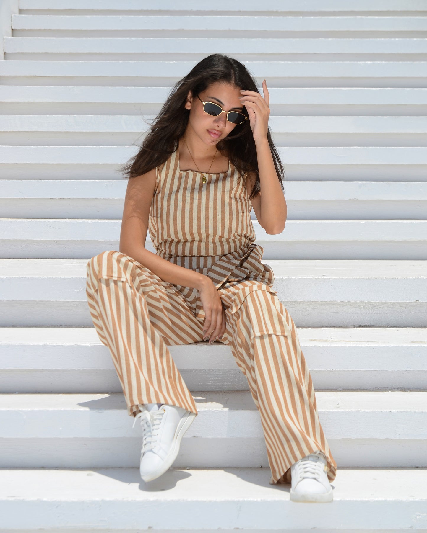 Beige & White Striped Linen Jumpsuit