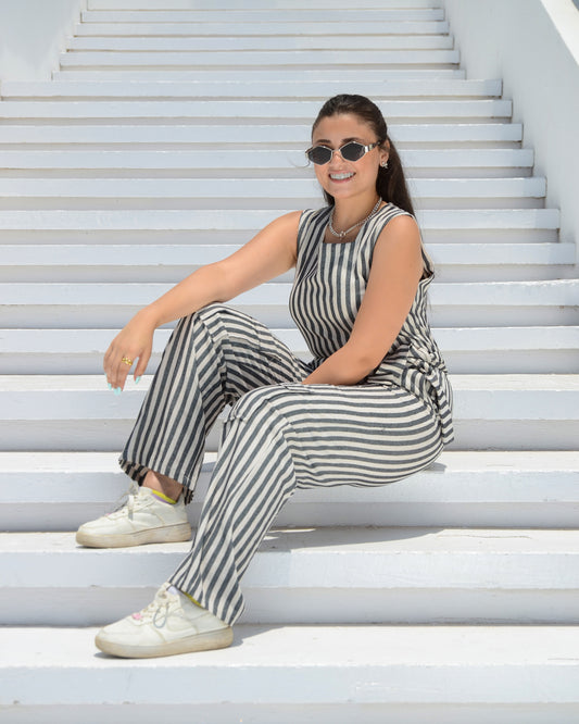 Grey & White Striped Linen Jumpsuit