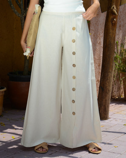 Beige Wide-Leg Linen Pants with Buttons