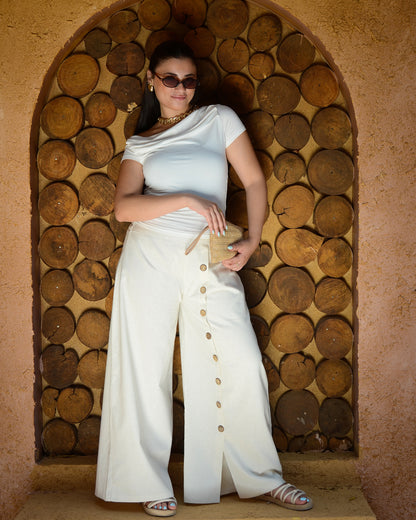 Beige Wide-Leg Linen Pants with Buttons